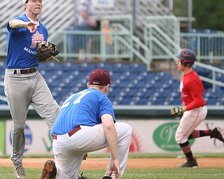 Mahoning County pitcher Noah Land(26)(Boardman) ducks as third baseman Dan Ritter(6)(South Range) throws to first during the 4th inning in the 2017 High School Valley All Star Classic, Friday, June 9, 2017 at Eastwood Field. Trumbull County won 8-6...(Nikos Frazier | The Vindicator)..