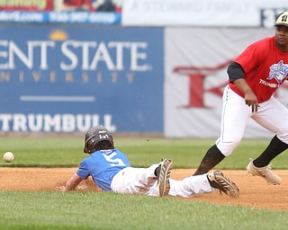 Mahoning County runner Jack Bajerski(5)(South Range) slides into second base as Trumbull County infielder Grant Williams(28)(Harding) waits for the pass during the 6th inning in the 2017 High School Valley All Star Classic, Friday, June 9, 2017 at Eastwood Field. Trumbull County won 8-6...(Nikos Frazier | The Vindicator)..
