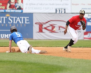 Mahoning County runner Jack Bajerski(5)(South Range) slides into second base as Trumbull County infielder Grant Williams(28)(Harding) waits for the pass during the 6th inning in the 2017 High School Valley All Star Classic, Friday, June 9, 2017 at Eastwood Field. Trumbull County won 8-6...(Nikos Frazier | The Vindicator)..