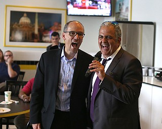 David Betras(right), Chairman of the Mahoning County Democratic Party and Democratic National Committee (DNC) chairman Tom Perez speaks at Wedgewood Pizza, Friday, June 9, 2017 in Boardman. Perez visited Ohio two days after President Donald Trump spoke in Cincinnati, which Perez stopped in on Thursday...(Nikos Frazier | The Vindicator)