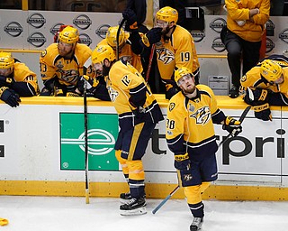 Nashville Predators' players react after their 2-0 loss to the Pittsburgh Penguins in Game 6 of the NHL hockey Stanley Cup Final, Sunday, June 11, 2017, in Nashville, Tenn. (AP Photo/Jeff Roberson)