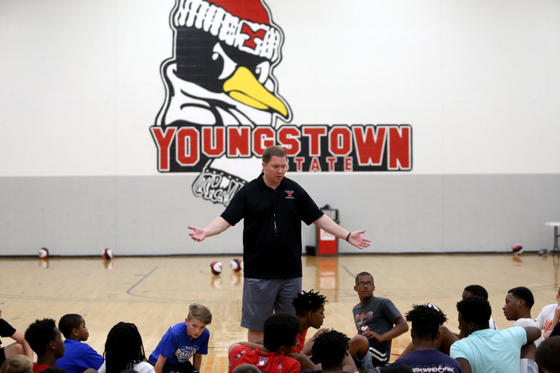 Jerrod Calhoun, YSU mens basketball coach, speaks during a basketball camp at the Stambaugh Stadium Basketball courts, Wednesday, June 14, 2017 in Youngstown...(Nikos Frazier | The Vindicator)