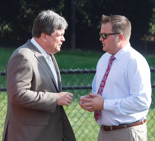        ROBERT K. YOSAY  | THE VINDICATOR..Ed Muransky and Eric Ryan talk before the press conference.........Zac Brown Band will perform a major concert at Youngstown State UniversityÕs Stambaugh Stadium on Aug. 24..The inaugural ÒY Live: The Youngstown Musical EventÓ is being co-promoted by JAC Live and Muransky Companies with Sweeney Chevrolet Buick GMC, DeBartolo Corp., Eastwood Mall and Huntington Bank sponsoring it.