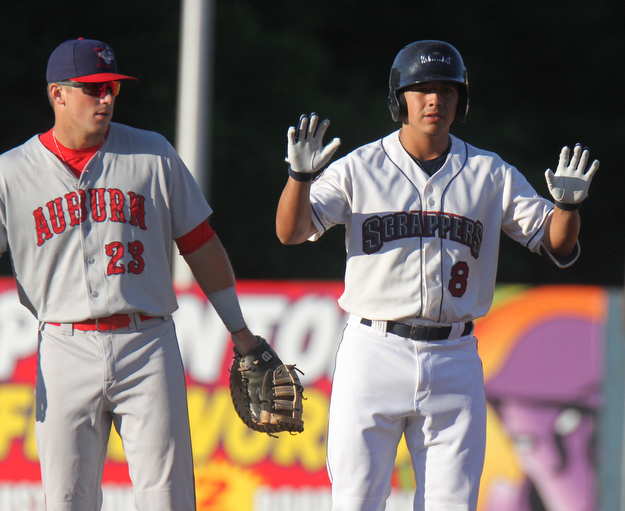 William d. Lewis The Vindicator  Scrappers  Uylsses Cantu(8) reacts after hitting a double during 6-21-17 opener with Auburn.Auburns Chance Shepard(23) at left.