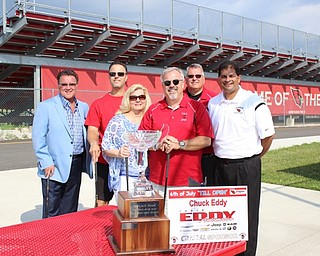 Neighbors | Abby Slanker.Till Open Golf Scramble board members Stephen DeCapua, Sharr Williams McNally, John Tillery and Richard Duffett were joined by lead sponsor Chuck Eddy (left) and Canfield Local Schools Superintendent Alex Geordan (right) at a kick-off press conference to discuss the history of the event as well as the substantial donation that has been made to the schools on June 16.