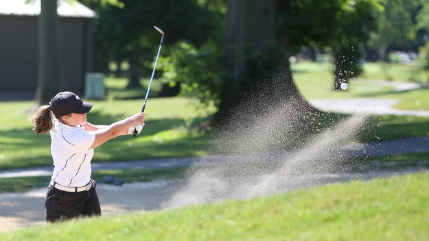 Gillian Cerimele chips out of a sand trap on hole 10 during the Greatest Golfer of the Valley Junior Qualifier on the North Course at Mill Creek Golf Course, Wednesday, June 28, 2017 at Mill Creek Golf Course. ..(Nikos Frazier | The Vindicator)..