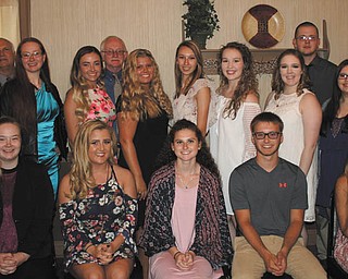 SPECIAL TO THE VINDICATOR
The Berlin-Ellsworth Ruritan club recently honored 23 Western Reserve High School seniors for their outstanding academic achievements. The Academic Banquet, held at A La Carte catering in Canfield, honored seniors achieving a cumulative grade point average of 3.5 or higher. Seven underclassmen were also honored for their 4.0 grade point average. Each senior invited a special guest to speak on their behalf as part of the evening’s festivities. The evening was celebrated with members of the Western Reserve administration, board of education, Berlin-Ellsworth Ruritan and family members attending. Seated from left, Natalie Ettinger, Liz Bowman, Sydney Wells, Tyler Higgins and Ashley Rowley. Second row, from left, Tyler Moff, Hannah Heavener, McKenzie Posten, Amanda Badgett, Bryanna Morris, Alli Sunderman, McKenzie Yeager and Sierra Kilbert. Back row, from left, Superintendent Doug McGlynn, Ruritan President John Bates, Chad Quinn and high school Principal Dallas Saunders. Not pictured are John Martin, Kyle Martin, Brandon Martin, Jacob Martin, Paul Caritz, Samantha Ruse, Haleigh Platt and Nathan Davis.