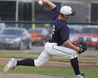Roth pitcher Aaron Woodberry(9) pitches during the 1st inning as Roth Brothers takes on Baird Brothers, Friday, June 30, 2017 at Bob Cene Park. Play was stopped in the 6th inning due to a lightning delay then never resumed because of heavy rain...(Nikos Frazier | The Vindicator)..