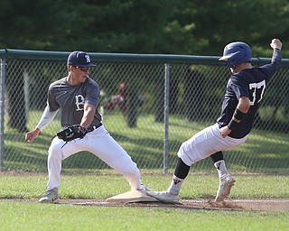 Roth runner Timmy Sumner(37) tags onto third as Baird third baseman Travis Perry(30) looks during the 1st inning as Roth Brothers takes on Baird Brothers, Friday, June 30, 2017 at Bob Cene Park. Play was stopped in the 6th inning due to a lightning delay then never resumed because of heavy rain...(Nikos Frazier | The Vindicator)..