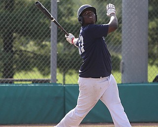 Roth batter Damion Coleman(27) looks up at his hit during the 1st inning as Roth Brothers takes on Baird Brothers, Friday, June 30, 2017 at Bob Cene Park. Play was stopped in the 6th inning due to a lightning delay then never resumed because of heavy rain...(Nikos Frazier | The Vindicator)..