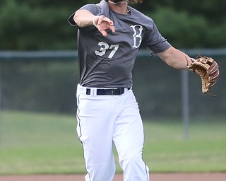 Baird second baseman Jeff Wehler(37) passes to first during the 3rd inning as Roth Brothers takes on Baird Brothers, Friday, June 30, 2017 at Bob Cene Park. Play was stopped in the 6th inning due to a lightning delay then never resumed because of heavy rain...(Nikos Frazier | The Vindicator)..