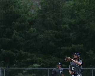 Baird second baseman Jeff Wehler(37) looks up at the ball before outing the batter during the 5th inning as Roth Brothers takes on Baird Brothers, Friday, June 30, 2017 at Bob Cene Park. Play was stopped in the 6th inning due to a lightning delay then never resumed because of heavy rain...(Nikos Frazier | The Vindicator)..