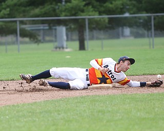 Astro Falcons second baseman Anthony Michalski(3) leans out to catch out the batter during the 1st inning as Astro Falcons takes on SBA Aces, Saturday, July 1, 2017 at Bob Cene Park. Astros won 6-0...(Nikos Frazier | The Vindicator)..