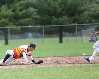Astro Falcons second baseman Anthony Michalski(3) leans out to catch out the batter as SBA Aces runner Matt Costello (22) nears second during the 1st inning as Astro Falcons takes on SBA Aces, Saturday, July 1, 2017 at Bob Cene Park. Astros won 6-0...(Nikos Frazier | The Vindicator)..