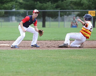 SBA Aces second baseman Matt Costello (22) leans down for the catch as Astro Falcons runner Marco Defalco (2) slides into second during the 3rd inning as Astro Falcons takes on SBA Aces, Saturday, July 1, 2017 at Bob Cene Park. Astros won 6-0...(Nikos Frazier | The Vindicator)..
