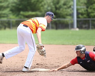 SBA Aces runner Jackson Deemer (35) slides back into first base as Astro Falcons first baseman Joe Rock(5) tags him during the 4th inning as Astro Falcons takes on SBA Aces, Saturday, July 1, 2017 at Bob Cene Park. Astros won 6-0...(Nikos Frazier | The Vindicator).