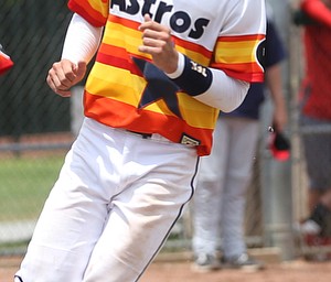 Astro Falcons runner Anthony Michalski (3) scores a run during the 7th inning as Astro Falcons takes on SBA Aces, Saturday, July 1, 2017 at Bob Cene Park. Astros won 6-0...(Nikos Frazier | The Vindicator).