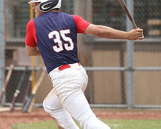 SBA Aces batter Jackson Deemer (35) watches his hit sail into the outfield during the 7th inning as Astro Falcons takes on SBA Aces, Saturday, July 1, 2017 at Bob Cene Park. Astros won 6-0...(Nikos Frazier | The Vindicator).