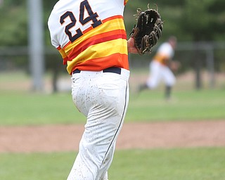 Astro Falcons baseman  Matt Gibson (24) throws to first to out the runner during the 7th inning as Astro Falcons takes on SBA Aces, Saturday, July 1, 2017 at Bob Cene Park. Astros won 6-0...(Nikos Frazier | The Vindicator).