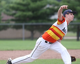 Astro Falcons pitcher Aaron Eriomas (10) throws to first to out the runner during the 7th inning as Astro Falcons takes on SBA Aces, Saturday, July 1, 2017 at Bob Cene Park. Astros won 6-0...(Nikos Frazier | The Vindicator).