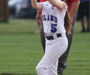 Poland second baseman Emma Wolfe(5) gets the out during the 2nd inning as Canfield takes on Poland in the 12u Little League district title, Monday, July 3, 2017 at Fields of Dreams in Boardman. Poland won 7-6...(Nikos Frazier | The Vindicator)..