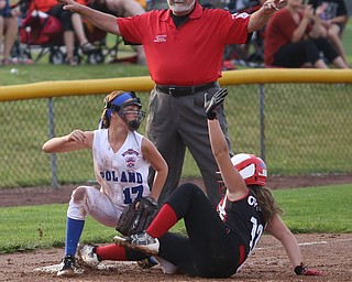 Canfield runner Mia Opalick slides into Poland third baseman Sophia D'Angelo(17) during the 4th inning as Canfield takes on Poland in the 12u Little League district title, Monday, July 3, 2017 at Fields of Dreams in Boardman. Poland won 7-6...(Nikos Frazier | The Vindicator)..