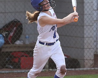 Poland batter Emily Denney(10) looks up at her hit during the 4th inning as Canfield takes on Poland in the 12u Little League district title, Monday, July 3, 2017 at Fields of Dreams in Boardman. Poland won 7-6...(Nikos Frazier | The Vindicator)..