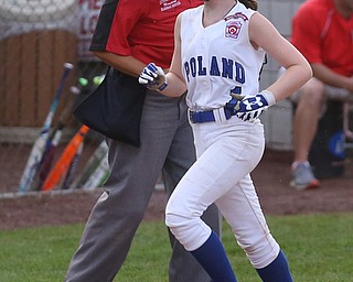 Poland runner Paige Ogden(1) scores during the 4th inning as Canfield takes on Poland in the 12u Little League district title, Monday, July 3, 2017 at Fields of Dreams in Boardman. Poland won 7-6...(Nikos Frazier | The Vindicator)..
