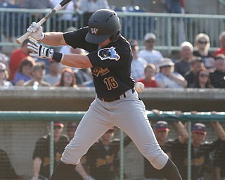 West Virginia Black Bears outfielder Chris Sharpe (16) narrowly misses the pitch in the first inning against the Mahoning Valley Scrappers, Tuesday, July 4, 2017, at Eastwood Field in Niles. ..(Nikos Frazier | The Vindicator)..