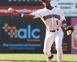Mahoning Valley Scrappers second baseman Samad Taylor (1) throws to first in the first inning against the Mahoning Valley Scrappers/West Virginia Black Bears, Tuesday, July 4, 2017, at Eastwood Field in Niles...(Nikos Frazier | The Vindicator)..