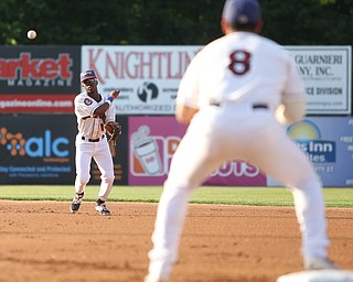 Mahoning Valley Scrappers second baseman Samad Taylor (1) throws to Mahoning Valley Scrappers first baseman Ulysses Cantu (8) in the first inning against the Mahoning Valley Scrappers/West Virginia Black Bears, Tuesday, July 4, 2017, at Eastwood Field in Niles...(Nikos Frazier | The Vindicator)..