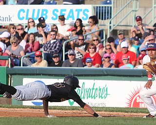 West Virginia Black Bears infielder Andrew Walker (13) slides back into first as Mahoning Valley Scrappers first baseman Ulysses Cantu (8) waits for the pass in the second inning against the Mahoning Valley Scrappers/West Virginia Black Bears, Tuesday, July 4, 2017, at Eastwood Field in Niles...(Nikos Frazier | The Vindicator)..