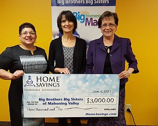 Home Savings Charitable Foundation recently donated $3,000 to Big Brothers Big Sisters of Mahoning Valley for its site-based mentoring program. For more information about Big Brothers Big Sisters, call 330-545-0002, or visit bbbsmvonline.org. Above, from left, are Nancy Tabor, Home Savings Trumbull County Area Manager; Donna Johnson, program manager with BBBSMV; and Pam Raidel, Home Savings Kirk Road branch manager.