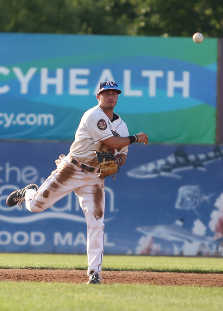 Mahoning Valley Scrappers second baseman Tyler Friis (34) throws to first in the second inning against the Mahoning Valley Scrappers/West Virginia Black Bears, Wednesday, July 5, 2017, at Eastwood Field in Niles. ..(Nikos Frazier | The Vindicator)..