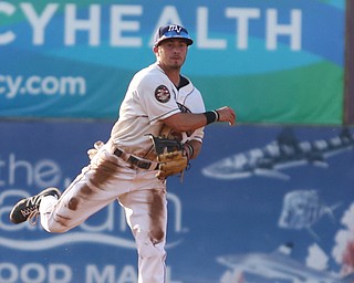 Mahoning Valley Scrappers second baseman Tyler Friis (34) throws to first in the second inning against the Mahoning Valley Scrappers/West Virginia Black Bears, Wednesday, July 5, 2017, at Eastwood Field in Niles. ..(Nikos Frazier | The Vindicator)..