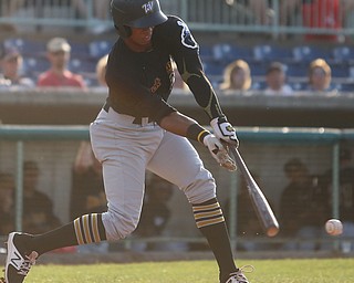 West Virginia Black Bears center fielder Sandy Santos (27) swings in the second inning against the Mahoning Valley Scrappers/West Virginia Black Bears, Wednesday, July 5, 2017, at Eastwood Field in Niles. ..(Nikos Frazier | The Vindicator)..