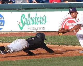 Mahoning Valley Scrappers first baseman Ulysses Cantu (8) leans down for the ball as West Virginia Black Bears short stop Brett Pope (3) slides back into first in the third inning against the Mahoning Valley Scrappers/West Virginia Black Bears, Wednesday, July 5, 2017, at Eastwood Field in Niles. ..(Nikos Frazier | The Vindicator)..