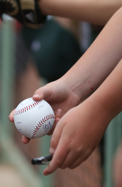 A young fan leans over the railing to the dugout as he waits for autographs from the Scrappers players before the Mahoning Valley Scrappers take on the West Virginia Black Bears, Thursday, July 6, 2017, at Eastwood Field in Niles. ..(Nikos Frazier | The Vindicator)..