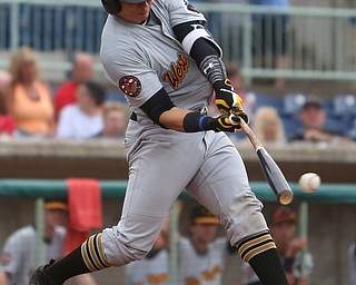 West Virginia Black Bears catcher Deon Stafford (57) swings in the first inning as the Mahoning Valley Scrappers take on the West Virginia Black Bears, Thursday, July 6, 2017, at Eastwood Field in Niles. ..(Nikos Frazier | The Vindicator)..