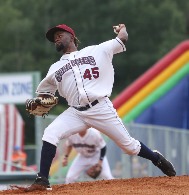 Mahoning Valley Scrappers pitcher Francisco Perez (45) throws in the first inning as the Mahoning Valley Scrappers take on the West Virginia Black Bears, Thursday, July 6, 2017, at Eastwood Field in Niles. ..(Nikos Frazier | The Vindicator)..