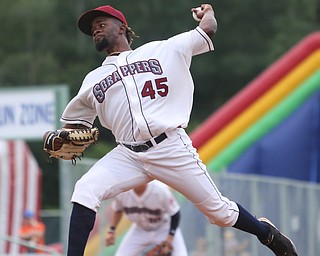 Mahoning Valley Scrappers pitcher Francisco Perez (45) throws in the first inning as the Mahoning Valley Scrappers take on the West Virginia Black Bears, Thursday, July 6, 2017, at Eastwood Field in Niles. ..(Nikos Frazier | The Vindicator)..