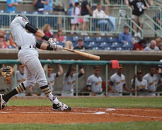 West Virginia Black Bears short stop Tristan Gray (2) hits a three run home run in the first inning as the Mahoning Valley Scrappers take on the West Virginia Black Bears, Thursday, July 6, 2017, at Eastwood Field in Niles. ..(Nikos Frazier | The Vindicator)..