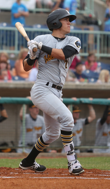 West Virginia Black Bears short stop Tristan Gray (2) hits a three run home run in the first inning as the Mahoning Valley Scrappers take on the West Virginia Black Bears, Thursday, July 6, 2017, at Eastwood Field in Niles. ..(Nikos Frazier | The Vindicator)..