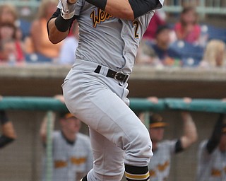 West Virginia Black Bears short stop Tristan Gray (2) hits a three run home run in the first inning as the Mahoning Valley Scrappers take on the West Virginia Black Bears, Thursday, July 6, 2017, at Eastwood Field in Niles. ..(Nikos Frazier | The Vindicator)..