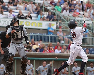 Mahoning Valley Scrappers left fielder Oscar Gonzalez (39) and West Virginia Black Bears catcher Deon Stafford (57) look up for the ball in the first inning as the Mahoning Valley Scrappers take on the West Virginia Black Bears, Thursday, July 6, 2017, at Eastwood Field in Niles. ..(Nikos Frazier | The Vindicator)..