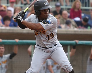 West Virginia Black Bears second baseman Gift Ngoepe (29) swings in the second inning as the Mahoning Valley Scrappers take on the West Virginia Black Bears, Thursday, July 6, 2017, at Eastwood Field in Niles. ..(Nikos Frazier | The Vindicator)..