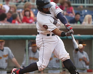 Mahoning Valley Scrappers catcher Jason Rodriguez (20) waits before swinging in the second inning as the Mahoning Valley Scrappers take on the West Virginia Black Bears, Thursday, July 6, 2017, at Eastwood Field in Niles. ..(Nikos Frazier | The Vindicator)..