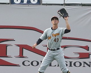 West Virginia Black Bears left fielder Jared Oliva (43) with the out in the second inning as the Mahoning Valley Scrappers take on the West Virginia Black Bears, Thursday, July 6, 2017, at Eastwood Field in Niles. ..(Nikos Frazier | The Vindicator)..