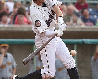Mahoning Valley Scrappers second baseman Ernie Clement (24) swings in the second inning as the Mahoning Valley Scrappers take on the West Virginia Black Bears, Thursday, July 6, 2017, at Eastwood Field in Niles. ..(Nikos Frazier | The Vindicator)..
