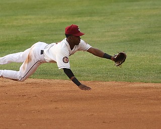 Mahoning Valley Scrappers second baseman Samad Taylor (1) dives but misses the ball in the third inning as the Mahoning Valley Scrappers take on the West Virginia Black Bears, Thursday, July 6, 2017, at Eastwood Field in Niles. ..(Nikos Frazier | The Vindicator)..